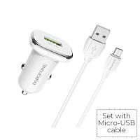 Блок питания автомобильный 1 USB Borofone BZ12A, Lasting power, 3A, пластик, QC3.0, кабель микро USB, цвет: белый (1/44/176) (6931474708694)