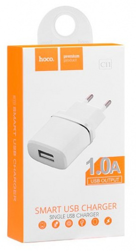 Блок питания сетевой 1 USB HOCO C11, 1000mA, пластик, цвет: белый (1/10/100) (6957531047728) фото 3