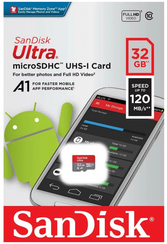 Карта памяти MicroSD  32GB  SanDisk Class 10 Ultra UHS-I  A1 (120 Mb/s) без адаптера (SDSQUA4-032G-GN6MN)