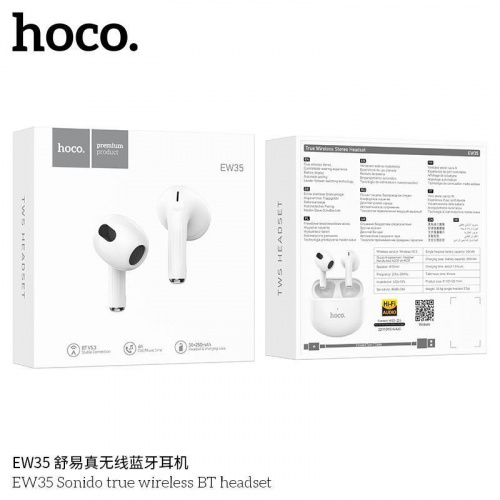 Наушники внутриканальные HOCO EW35 Sonido, пластик, bluetooth 5.3, микрофон, цвет: белый (1/20/200) (6931474788856)