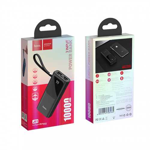 Мобильный аккумулятор Аккумулятор внешний HOCO J41, 10000mAh, 2 USB выхода, Micro, Lightning и Type-C входы, дисплей, чёрный(1/63) (6931474708465) фото 6