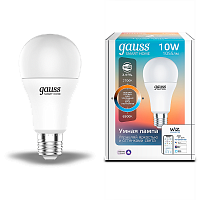 Лампа светодиодная GAUSS Smart Home, Wi-Fi и голосовое управление, програм-ние режимов, диммер, DIM+CCT E27 A60 10 Вт 1/10/100 (1080112)