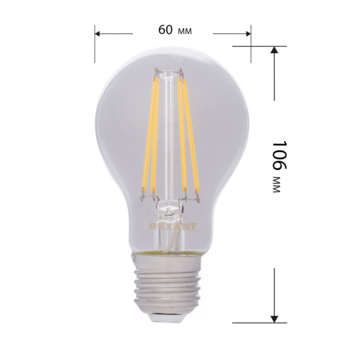 Лампа светодиодная REXANT филаментная Груша A60 7,5 Вт 750 Лм 2700 K E27 прозрачная (10/100) (604-148) фото 3