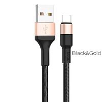 Кабель USB - Type-C HOCO X26 Xpress, 1.0м, круглый, 2.1A, ткань, цвет: чёрный, золотая вставка (1/30/300) (6957531080244)