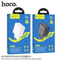 Блок питания сетевой 2 Type-C HOCO N35 Streamer, 3000mA, PD45Вт, цвет: белый (1/13/130) (6931474797209)