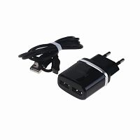 Блок питания сетевой 2 USB HOCO C12, 2400mA, пластик, кабель микро USB, цвет: чёрный (1/10/100) (6957531064114)