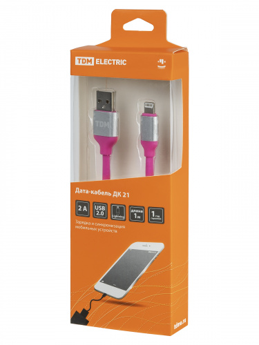 Дата-кабель TDM ДК 21, USB - Lightning, 1 м, силиконовая оплетка, розовый, (1/200) (SQ1810-0321) фото 2
