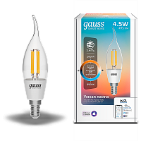 Лампа светодиодная GAUSS Smart Home, филамент, Wi-Fi и голосовое управление, програм-ние режимов, диммер, DIM+CCT E14 CF35 4,5 Вт 2000-6500 К 1/10 (1280112)
