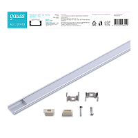Профиль для светодиодной ленты GAUSS прямой 6х16mm - 1m, алюминий, экран+крепеж в комплекте (1/60) (BT410)