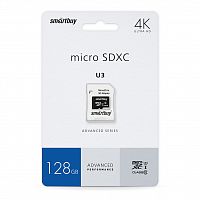 Карта памяти MicroSD  128GB  Smart Buy Сlass 10  Advanced U3 V30 A1 (55/90 Mb/s)+ SD адаптер (SB128GBSDU1A-AD)