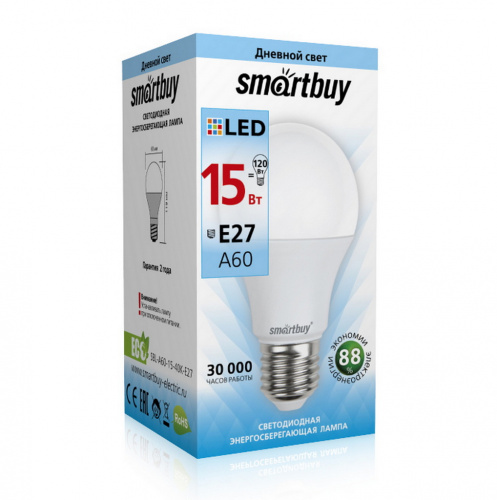 Лампа светодиодная SMARTBUY A60 15Вт 220V 4000K E27 (нейтральный свет) (1/10/50) (SBL-A60-15-40K-E27)