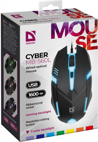 Мышь проводная DEFENDER Сyber MB-560L, USB, 7 цветов, 3 кнопки, черный (1/40) (52560) фото 7