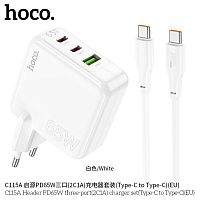 Блок питания сетевой 1 USB, 2 Type-C HOCO C115A Header, 3000mA, PD65Вт, кабель Type-C - Type-C, цвет: белый (1/20/120) (6931474798329)