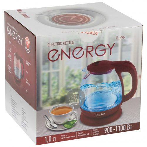 Чайник ENERGY E-296 (1 л)  стекло, пластик цвет красный (1/8) (005216) фото 2