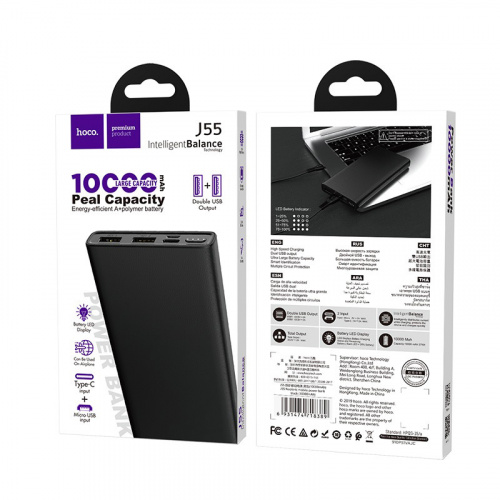 Мобильный аккумулятор Аккумулятор внешний HOCO J55, 10000mAh, 2 USB выхода, Micro и Type-C входы, LED индикатор, черный(1/44) (6931474718389) фото 6