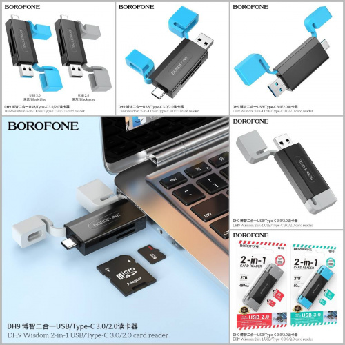 Кардридер Borofone DH9 Wisdom, USB 2.0/Type-C, пластик, TF/ SD карта, цвет: серый (1/25/200) (6941991112409)