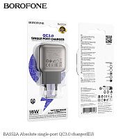 Блок питания сетевой 1 USB Borofone BAS52A Absolute, пластик, PD18Вт, QC3.0, цвет: чёрный (1/72/288) (6941991116148)