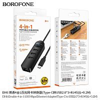 USB-концентратор Borofone DH6 Erudite 4-in-1, 3 USB2.0 , RJ45,  кабель Type-C 0.2м цвет: чёрный (1/39/156) (6941991104282)