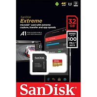 Карта памяти MicroSD  32GB  SanDisk Class 10 Extreme UHS-I A1 V30 U3 (100 Mb/s) + SD адаптер (SDSQXAF-032G-GN6MA)