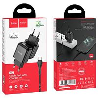 Блок питания сетевой 1 USB HOCO N2, Vigour, 2100mA, пластик, огнестойкий, кабель Type-C, X37 cool, цвет: чёрный (1/12/120) (6931474728869)