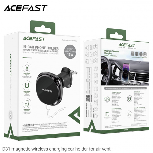 Держатель автомобильный ACEFAST D31, для смартфона, беспроводная зарядка, 15W, пластик, воздуховод, цвет: чёрный (1/81) (6974316283218)