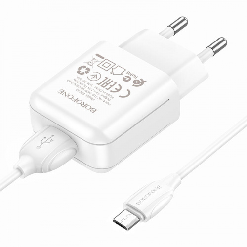 Блок питания сетевой 1 USB Borofone BA64A, 2100mA, кабель микро USB, 1.0 м, цвет: белый (1/64/256) (6974443383874)