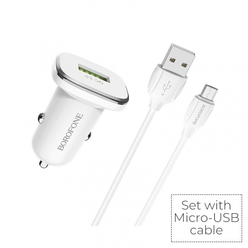 Блок питания автомобильный 1 USB Borofone BZ12A, Lasting power, 3A, пластик, QC3.0, кабель микро USB, цвет: белый (1/44/176) (6931474708694)