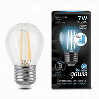 Лампа светодиодная GAUSS Filament Шар 7W 580lm 4100К Е27 шаг. диммирование 1/10/50 (105802207-S)