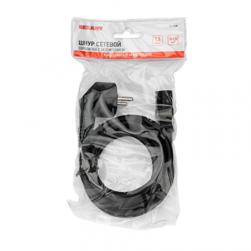Шнур сетевой, евровилка угловая - евроразъем С13, кабель 3x1,5 мм², длина 1,5 метра, черный (PVC пакет) REXANT (10/100) (11-1138) фото 2