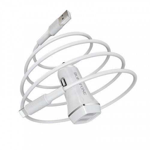 Блок питания автомобильный 2 USB Borofone, JoyRoad, BZ2, 2400mA, пластик, с кабелем Apple 8 pin, цвет: белый (6957531081906) фото 3
