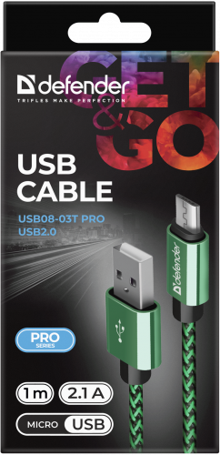 Кабель DEFENDER USB08-03T PRO USB2.0, зеленый, AM-MicroBM, 1m, 2.1A (1/100) (87804) фото 8