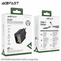 Блок питания сетевой 1 USB, 1 Type-C ACEFAST A78, PD20Вт, QC3.0, цвет: чёрный (1/15/120) (6974316283256)