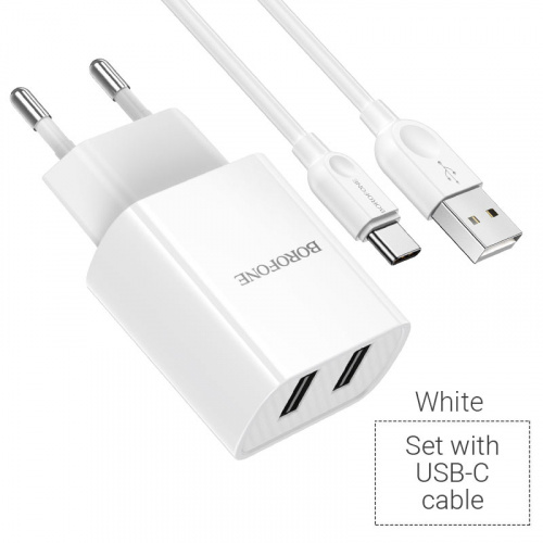 Блок питания сетевой 2 USB Borofone BA53A, Powerway, 2100mA, пластик, кабель Type-C, цвет: белый (6931474739209)