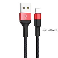 Кабель USB - Type-C HOCO X26 Xpress, 1.0м, круглый, 2.1A, ткань, цвет: чёрный, красная вставка (1/30/300) (6957531080251)
