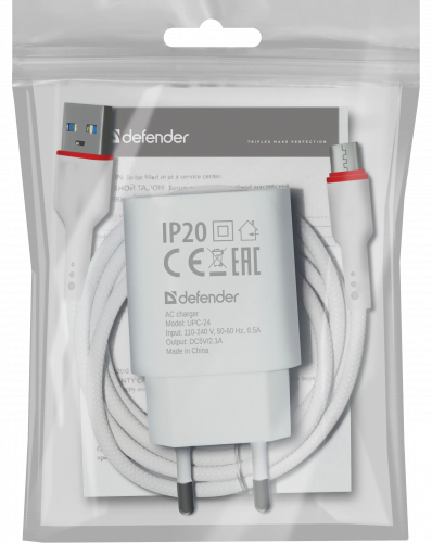 Сетевое ЗУ DEFENDER UPC-24 2xUSB,5V/2.1А,кабель Type-C, белый (1/50/200) (83679) фото 2