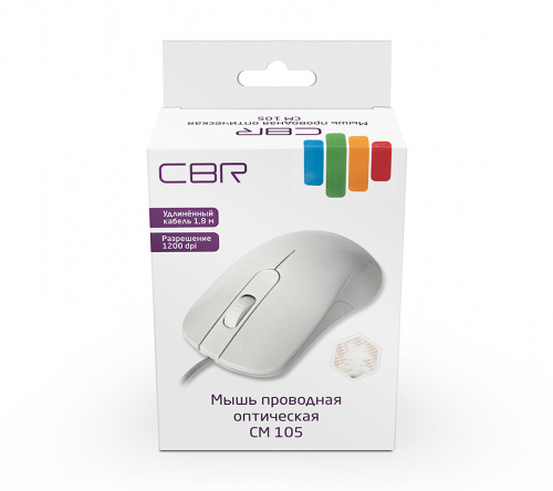 Мышь проводная CBR CM 105, USB, 1200 dpi, 3 кн., кабель 1,8 м, белый (1/100) (CM 105 White) фото 2