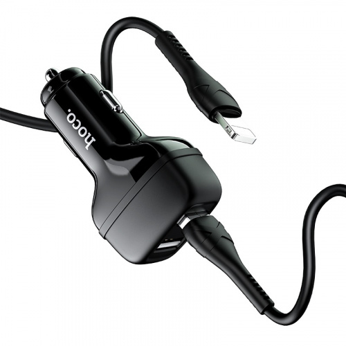 Блок питания автомобильный 2 USB HOCO Z36, Leader, 2400mA, пластик, огнестойкий, кабель 8 pin, цвет: чёрный (1/14/140) (6931474727732) фото 2