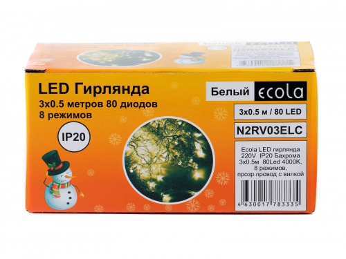 Гирлянда светодиодная ECOLA 220V IP20 Бахрома 3x0.5м 80Led 4000K, 8 режимов, прозр.провод с вилкой (1/30) (N2RV03ELC) фото 6