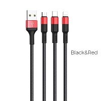 Кабель USB - 8 pin, Type-C, микро USB HOCO X26 Xpress, 1.0м, круглый, 2.1A, ткань, цвет: чёрный, красная вставка (1/30/300) (6957531080282)