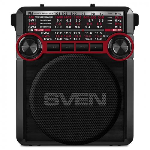 Радиоприемник SVEN SRP-355, мощность 3 Вт (RMS), FM/AM/SW, USB, SD/microSD, фонарь, встроенный аккумулятор, красный (1/20) (SV-017132) фото 2