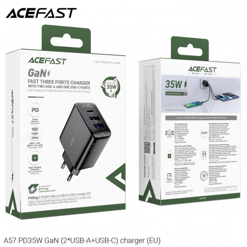 Блок питания сетевой 2 USB, 1 Type-C ACEFAST A57, PD35Вт, QC3.0, цвет: чёрный (1/15/120) (6974316282730)