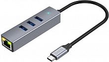 USB-концентратор HOCO HB34, Easy, 3 гнезда, кабель 0.2м, 3 USB3.0 выхода, RJ45, кабель Type-C, цвет: серый (1/19/190) (6931474794543)