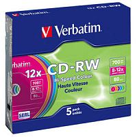 Диск VERBATIM CD-RW 80 (8-12x) Slim Color (5) (100) (43167)