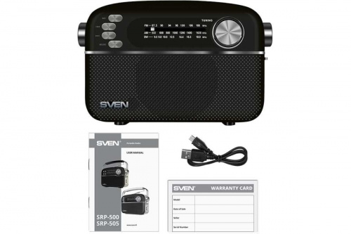 Радиоприёмник SVEN АС SRP-505 (3 Вт, Bluetooth, FM/AM/SW, USB, microSD, AUX,  встроенный аккумулятор), черный (1/24) (SV-020446) фото 3