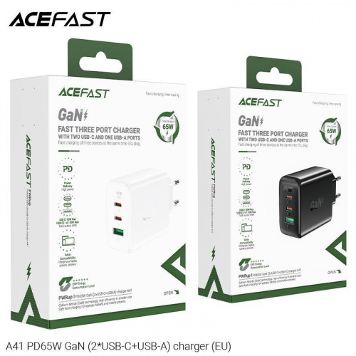 Блок питания сетевой 1 USB, 2 Type-C ACEFAST A41, PD65Вт, QC3.0, цвет: чёрный (1/15/120) (6974316281757)