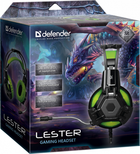 Гарнитура игровая DEFENDER Lester черный + зеленый, кабель 2,2 м (1/12) (64543) фото 3