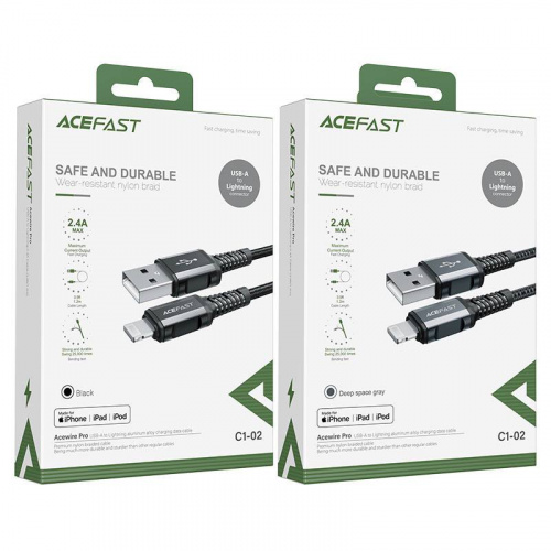 Кабель USB - 8 pin ACEFAST C1-02, 1.2м, круглый, 2.4А, ткань, цвет: чёрный (1/24/192) (6974316280507)