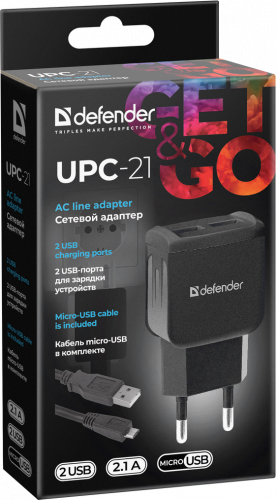 Адаптер сетевой Defender UPC-21, черный, 2xUSB, 5V/2.1А, кабель microUSB (1/100) (83581) фото 12