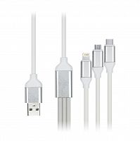 Дата-кабель Smartbuy USB - 3 в 1 Micro+C+8pin, резин, толст. 1.2 м, до 3А белый (iK-312QBOMB white)