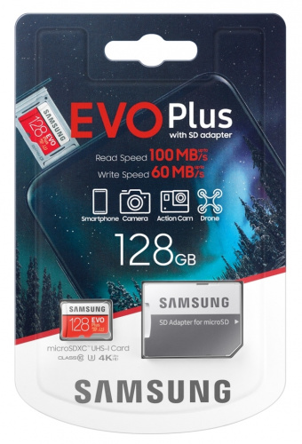 Карта памяти MicroSD  128GB  Samsung Class 10 Evo Plus U3 (R/W 100/60 MB/s) + SD адаптер (MB-MC128HA/RU)